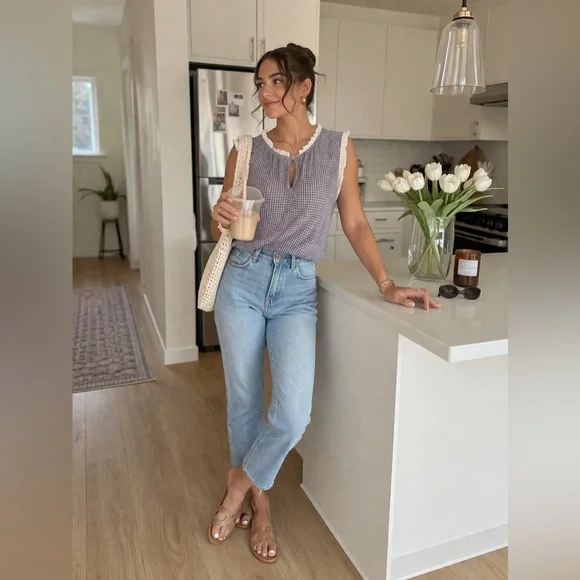 Sleeveless Blue Check Ruffle-Trim Top - Picture 2 of 8